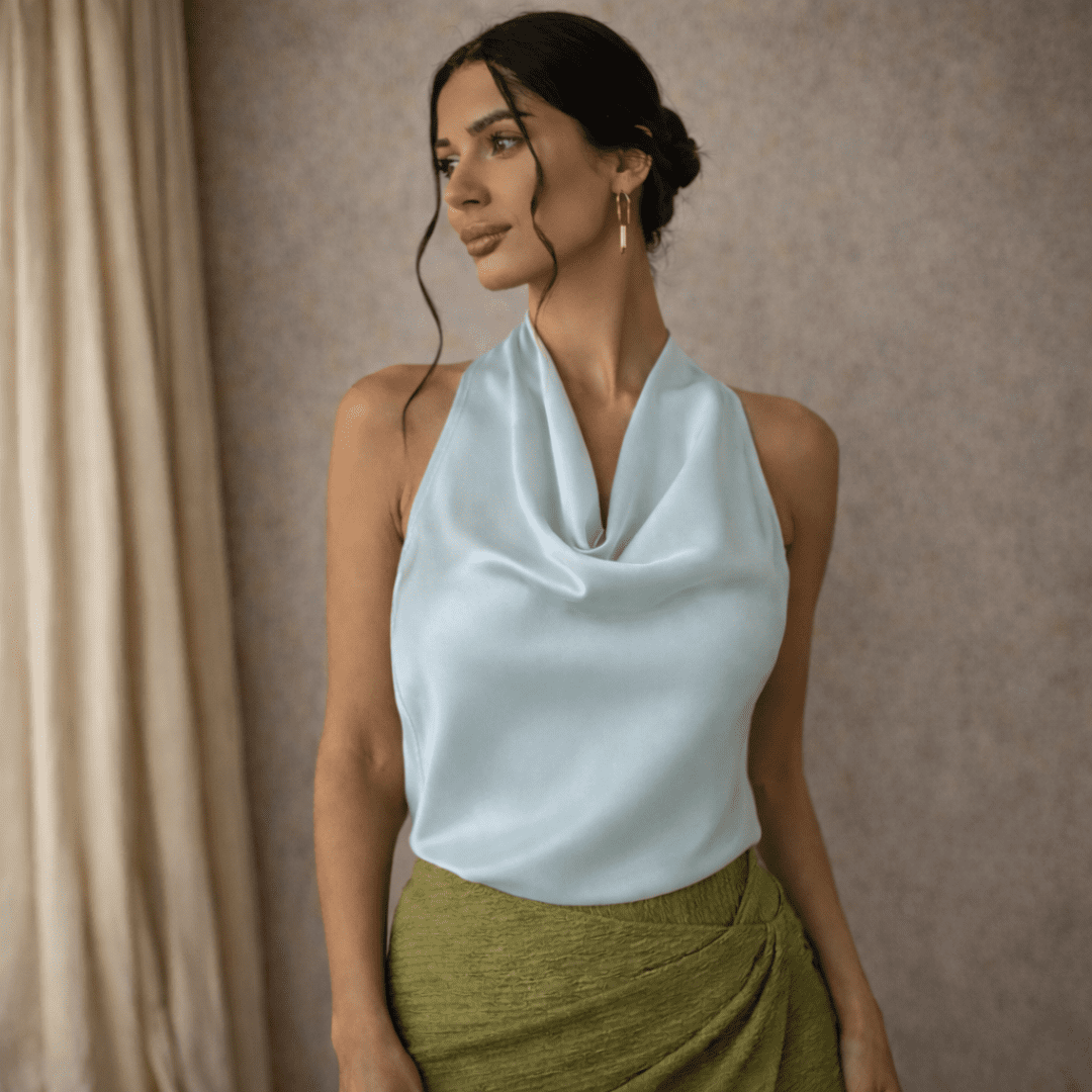 Cream satin cowl-neck sleeveless top for women by Tammy Bradley, featuring a smooth satin fabric and stylish cowl neckline.