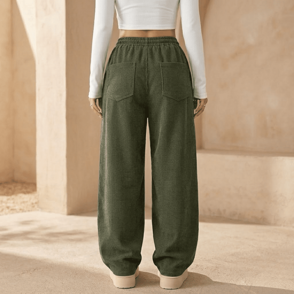 Women’s corduroy relaxed wide-leg trousers by Tammy Bradley, showing the soft, textured fabric and loose fit style.