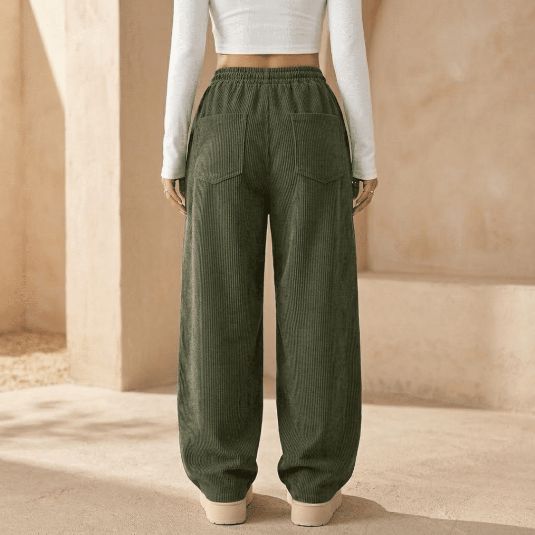 Women’s corduroy relaxed wide-leg trousers by Tammy Bradley, showing the soft, textured fabric and loose fit style.