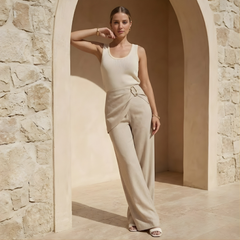 Beige asymmetric waist wide-leg women's pants by My Store, featuring a relaxed fit and stylish design.