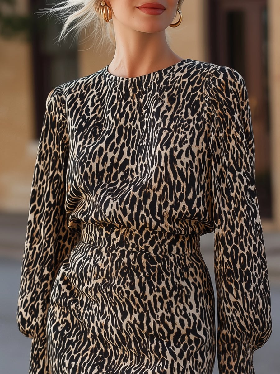 Tammy Bradley leopard-print long-sleeve tailored mini dress for women, featuring a fitted silhouette and stylish animal print design.