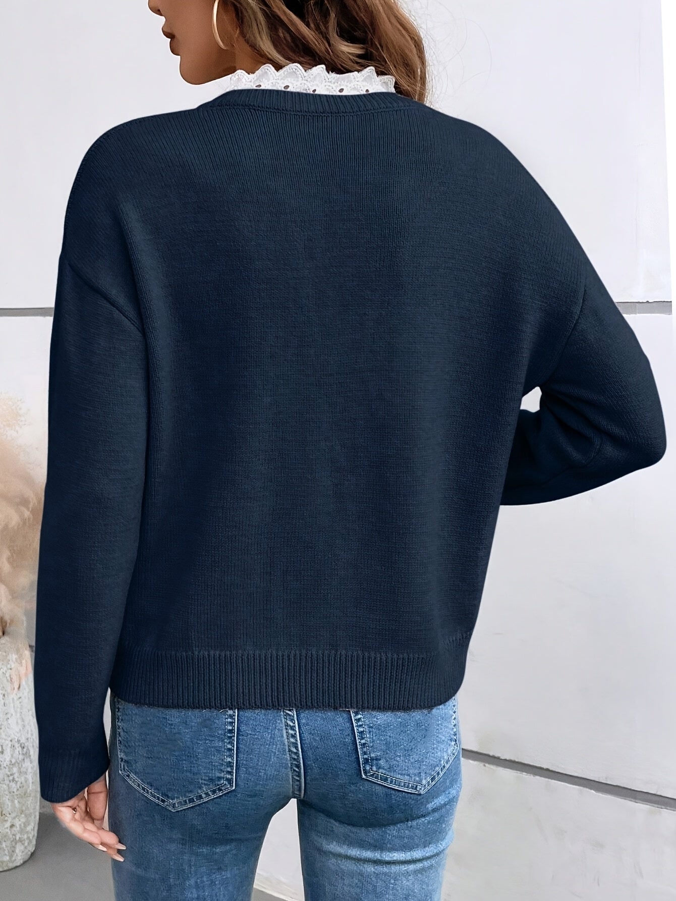 Lace Trim Blouse Women French Collar Long Sleeve