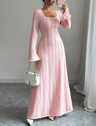 White A-line bodycon ribbed knit maxi dress with split-joint square neckline, stylish and form-fitting for elegant occasions.
