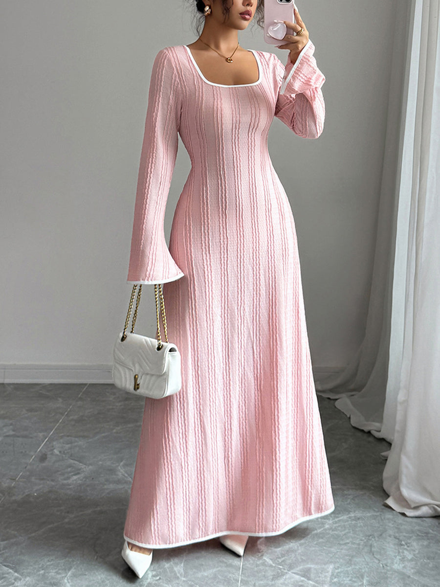 White A-line bodycon ribbed knit maxi dress with split-joint square neckline, stylish and form-fitting for elegant occasions.