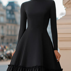 Black high-neck A-line tiered ruffle midi dress from My Store, showing the elegant design and layered ruffle details.