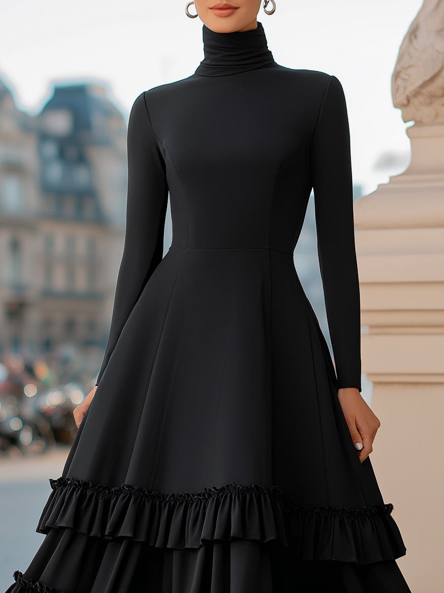 Black high-neck A-line tiered ruffle midi dress from My Store, showing the elegant design and layered ruffle details.