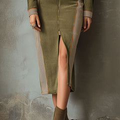 Olive green zip-up contrast panel sleeveless midi dress from My Store, showcasing a fitted silhouette and stylish design.
