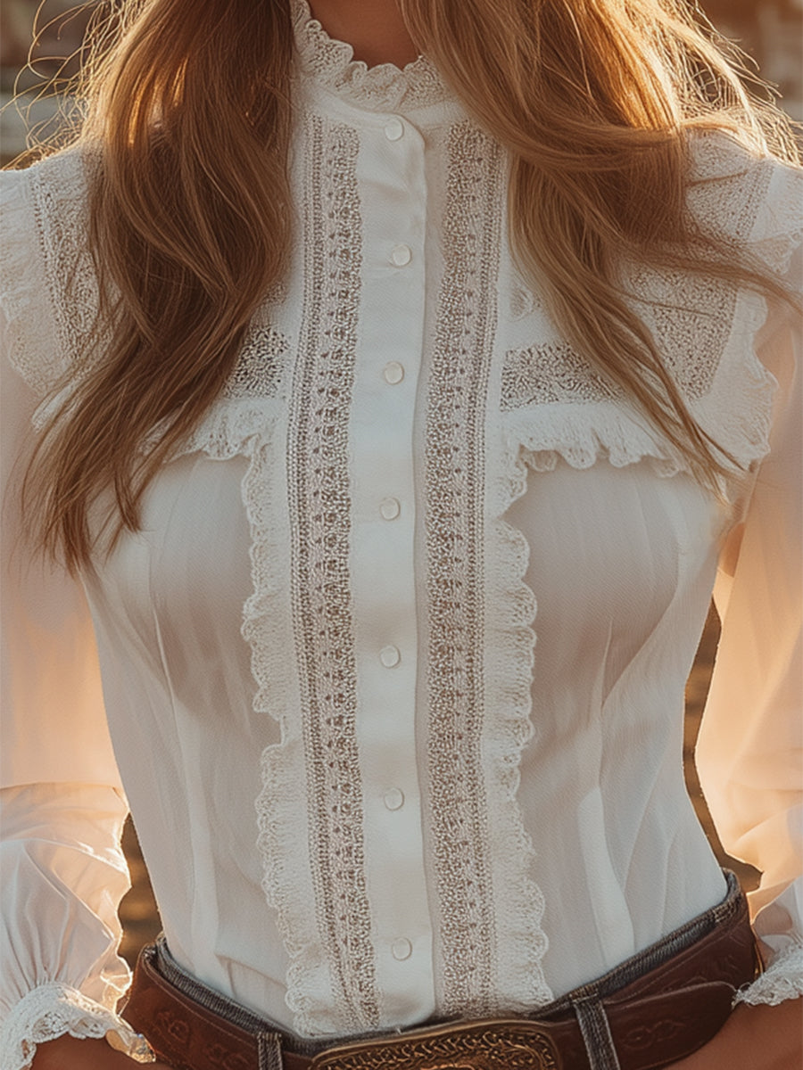 White lace Western button-down shirt for women, stylish blouse with intricate lace details and Western-inspired design.