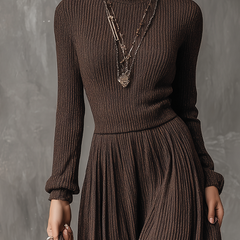 Black retro high-neck long-sleeve ribbed knit midi bodycon dress from My Store, showcasing fitted silhouette and textured fabric.