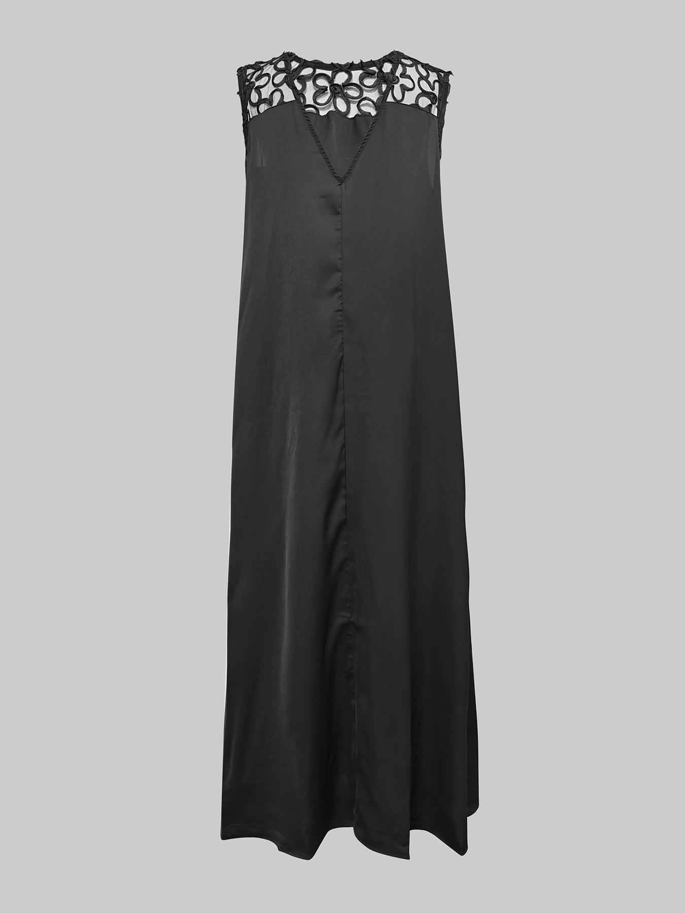 White sleeveless maxi dress with hollow details, solid color, round neck, split-joint design, by My Store.