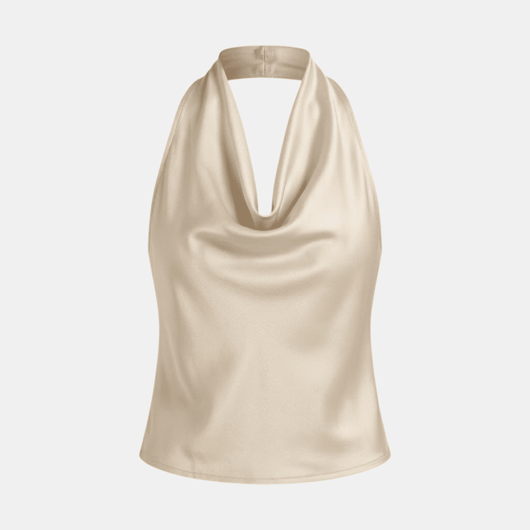 Cream satin cowl-neck sleeveless top for women by Tammy Bradley, featuring a smooth satin finish and elegant draped neckline.