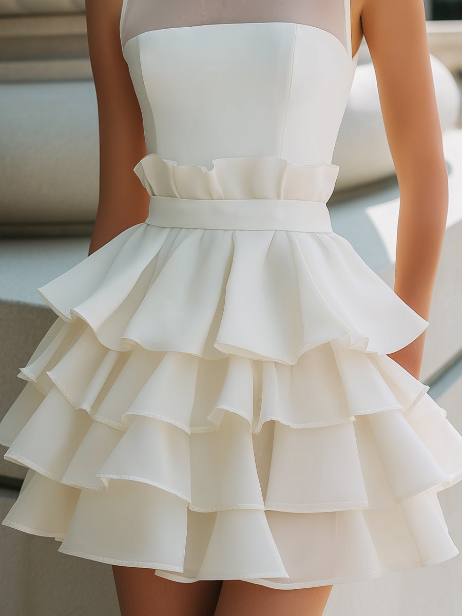 Tammy Bradley high-neck sheer-yoke tiered ruffle mini dress for women, featuring a feminine fit and layered ruffle details.