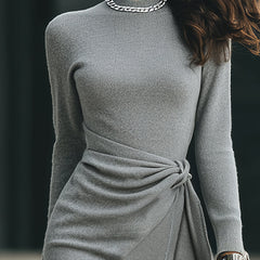 Grey knit side-tie bodycon midi dress, summer business dress by My Store, featuring a fitted silhouette and side-tie detail.