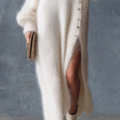 White knit V-neck midi dress for women, featuring a fitted waist and long sleeves, stylish and comfortable for everyday wear.