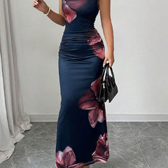 White bodycon sleeveless maxi dress with contrast color flower print and round neckline, stylish floral print dress from My Store