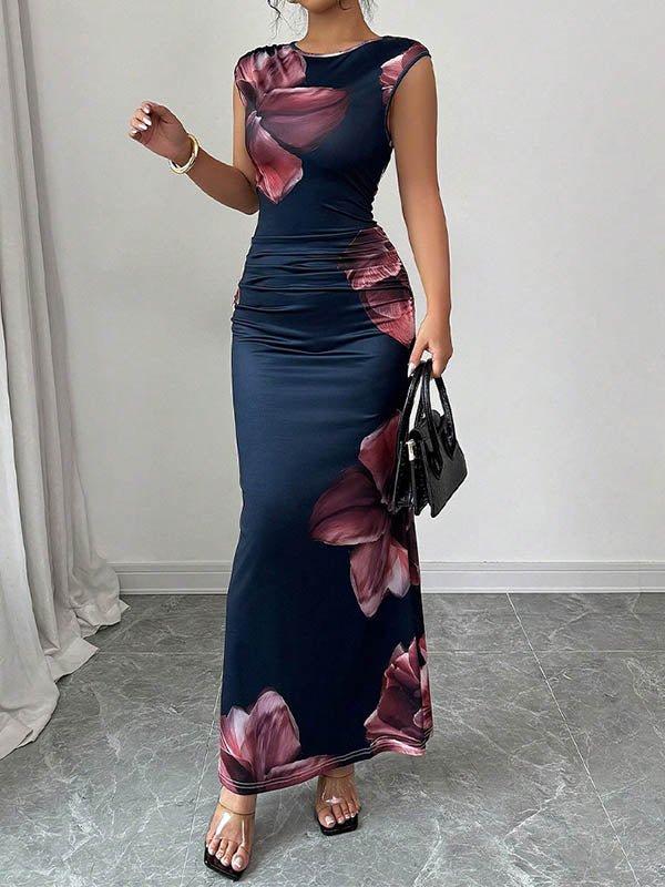 White bodycon sleeveless maxi dress with contrast color flower print and round neckline, stylish floral print dress from My Store