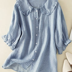Light blue ruffle linen summer dress for women, featuring a flowing design and sleeveless style, perfect for warm weather.