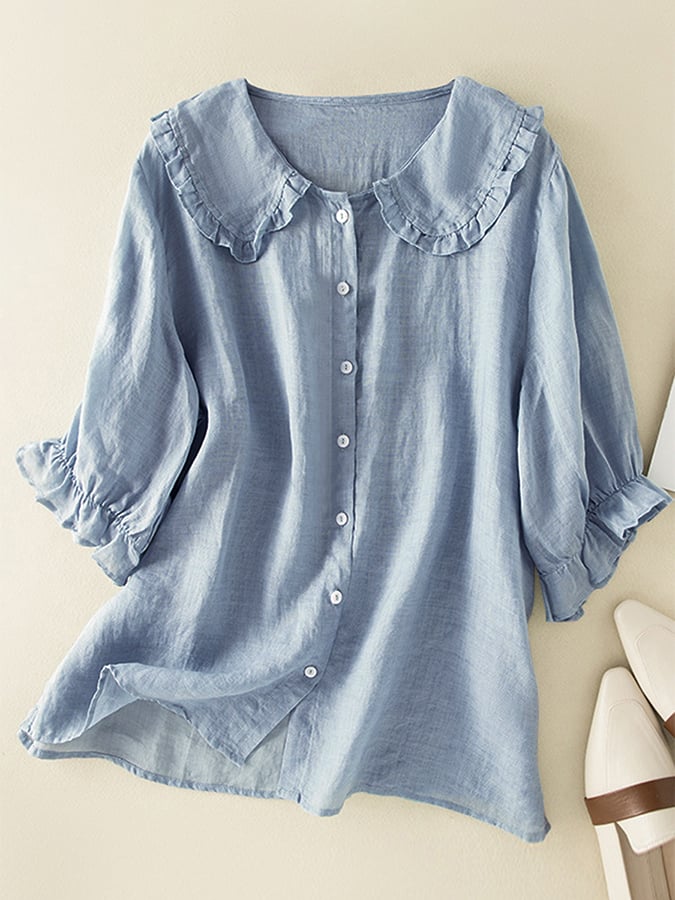 Light blue ruffle linen summer dress for women, featuring a flowing design and sleeveless style, perfect for warm weather.