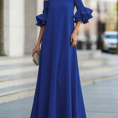 White off-the-shoulder maxi dress with half sleeves, loose fit, solid color, stylish and elegant for casual or special occasions.