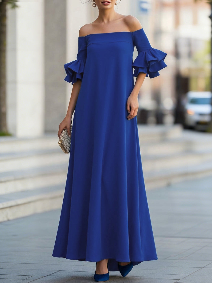 White off-the-shoulder maxi dress with half sleeves, loose fit, solid color, stylish and elegant for casual or special occasions.