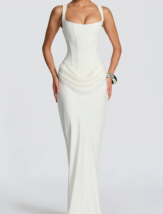 Summer maxi dress for women with square neckline and bodycon fit, stylish women's dress in a vibrant summer fashion style.
