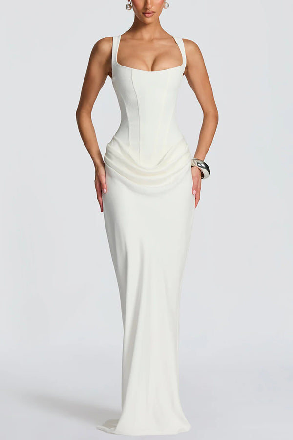 Summer maxi dress for women with square neckline and bodycon fit, stylish women's dress in a vibrant summer fashion style.