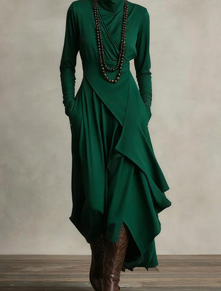 Solid color high-neck long-sleeved irregular casual maxi dress from My Store, shown on a model.