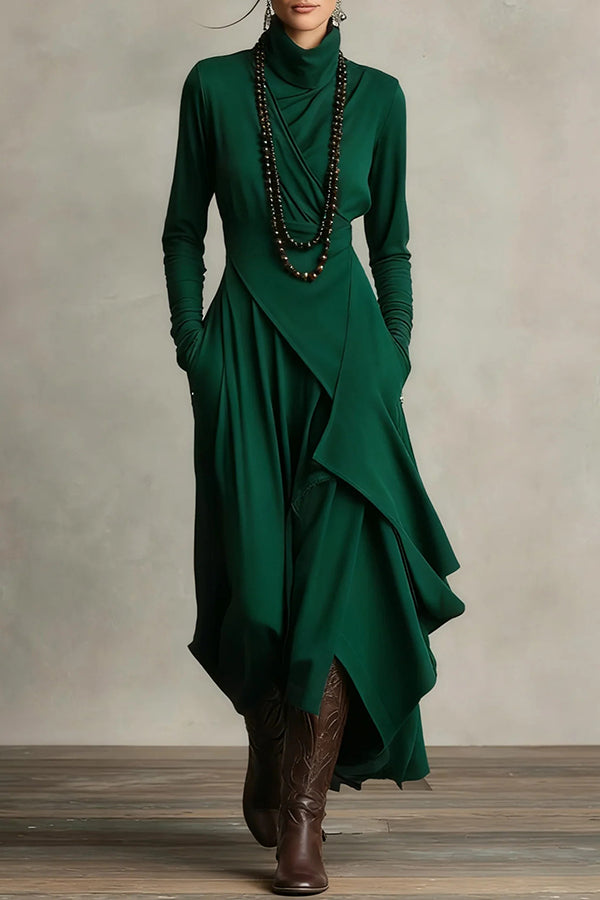 Solid color high-neck long-sleeved irregular casual maxi dress from My Store, shown on a model.