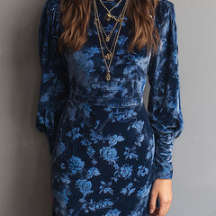 Velvet turtleneck midi dress with retro rose print from My Store, featuring a fitted silhouette and long sleeves.