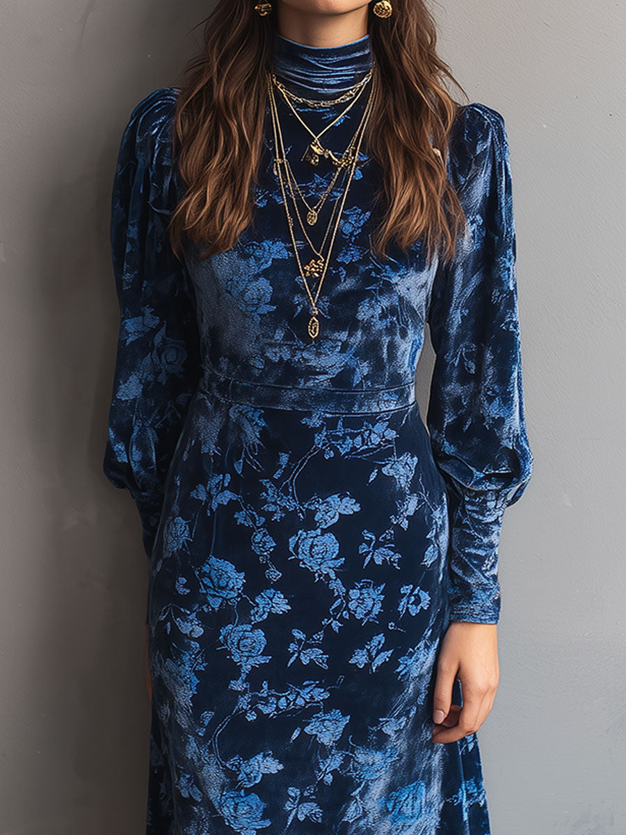 Velvet turtleneck midi dress with retro rose print from My Store, featuring a fitted silhouette and long sleeves.