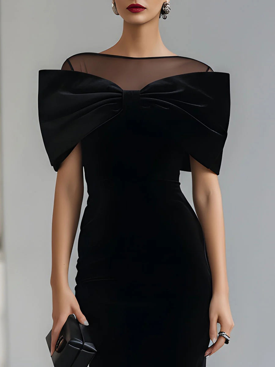 Elegant midi dress for women in velvet with a Bardot neckline, featuring a fitted waist and stylish silhouette.