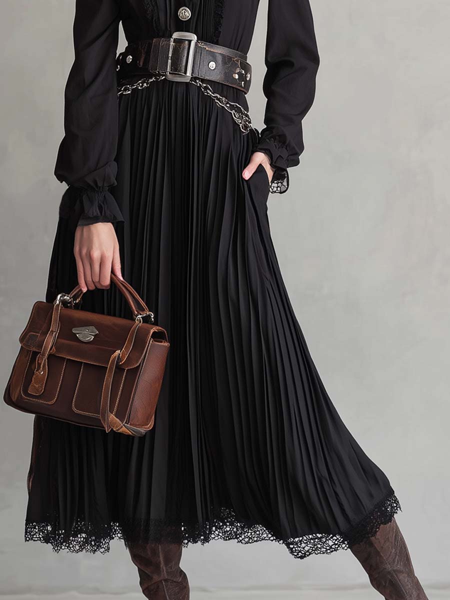 Vintage button lace hem pleated midi dress, stylish and feminine, featuring delicate lace details and a classic silhouette.