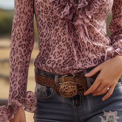 Pink leopard print chiffon blouse with ruffled lace V-neck, stylish blouse for women from My Store.