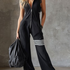 Black striped sleeveless hooded jumpsuit for women, stylish pants with hood and casual fit, from My Store.