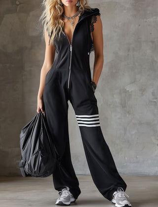 Black striped sleeveless hooded jumpsuit for women, stylish pants with hood and casual fit, from My Store.