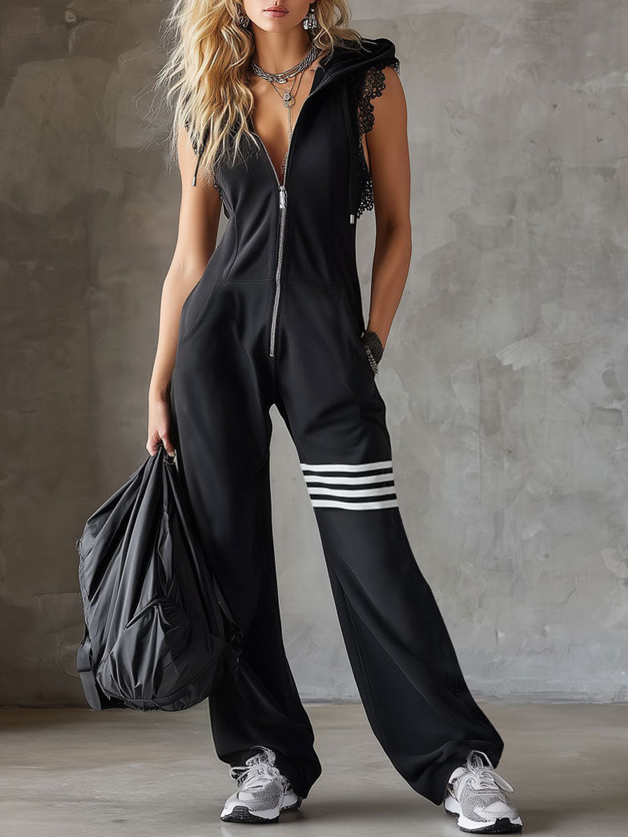 Black striped sleeveless hooded jumpsuit for women, stylish pants with hood and casual fit, from My Store.