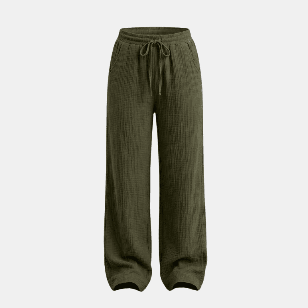 Women's cotton wide-leg trousers by Tammy Bradley, featuring a relaxed fit and comfortable fabric, shown in a full-length view.