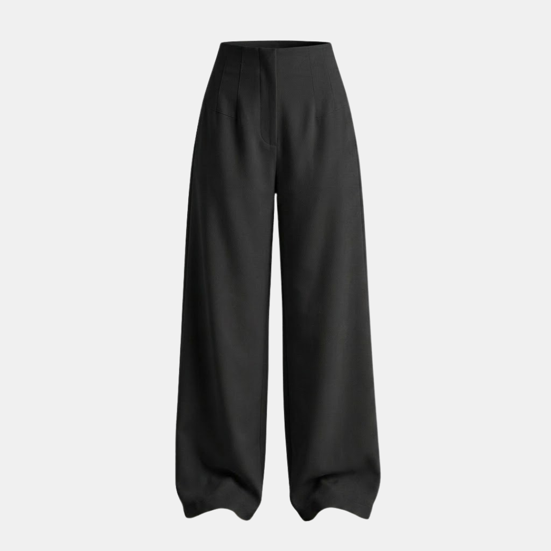 Women’s high-waisted tailored wide-leg trousers in a neutral fabric, stylish and comfortable for professional or casual wear.