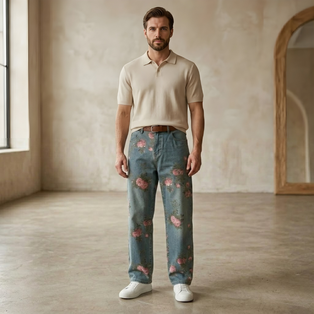Unisex rose print wide-leg floral denim jeans for men, featuring vibrant rose patterns and relaxed fit.