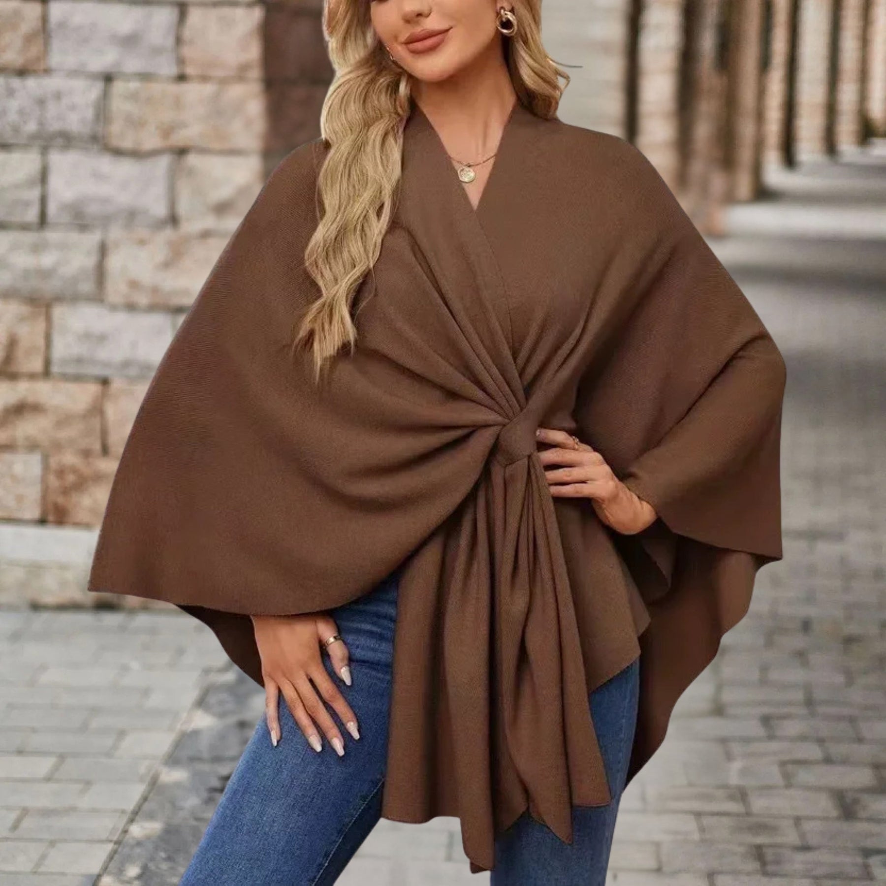 Poncho Sweater Women Draped Knot Detail Relaxed