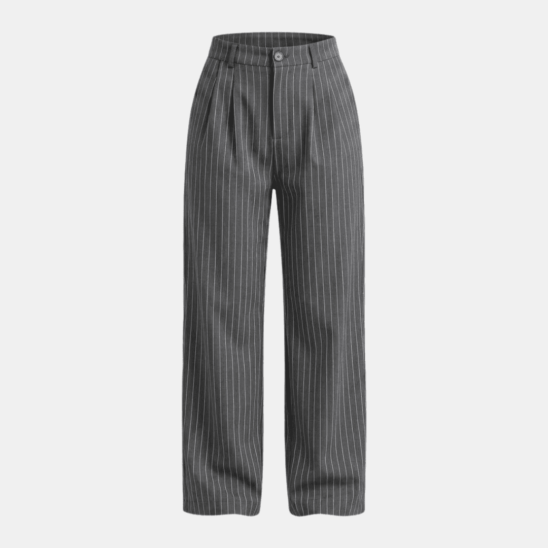 Tammy Bradley pinstripe high-waisted wide-leg women's trousers, tailored pants with a modern fit and classic pattern.