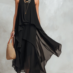 Black bohemian layered chiffon maxi dress with flowing fabric and relaxed fit, perfect for casual or summer wear.