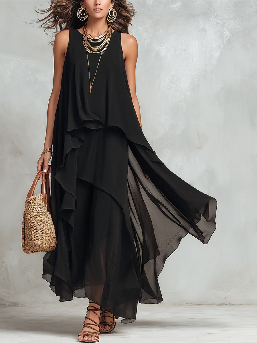 Black bohemian layered chiffon maxi dress with flowing fabric and relaxed fit, perfect for casual or summer wear.