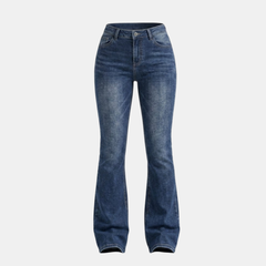 Women's mid-waist stretch flared jeans with slim flare design, denim pants from My Store, shown on a model.