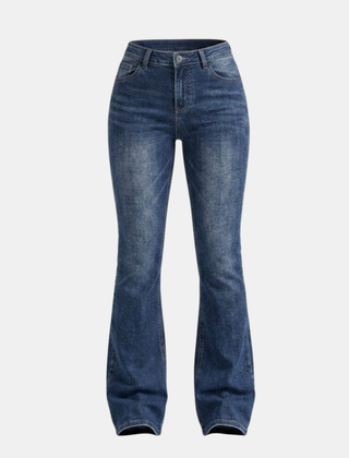 Women's mid-waist stretch flared jeans with slim flare design, denim pants from My Store, shown on a model.
