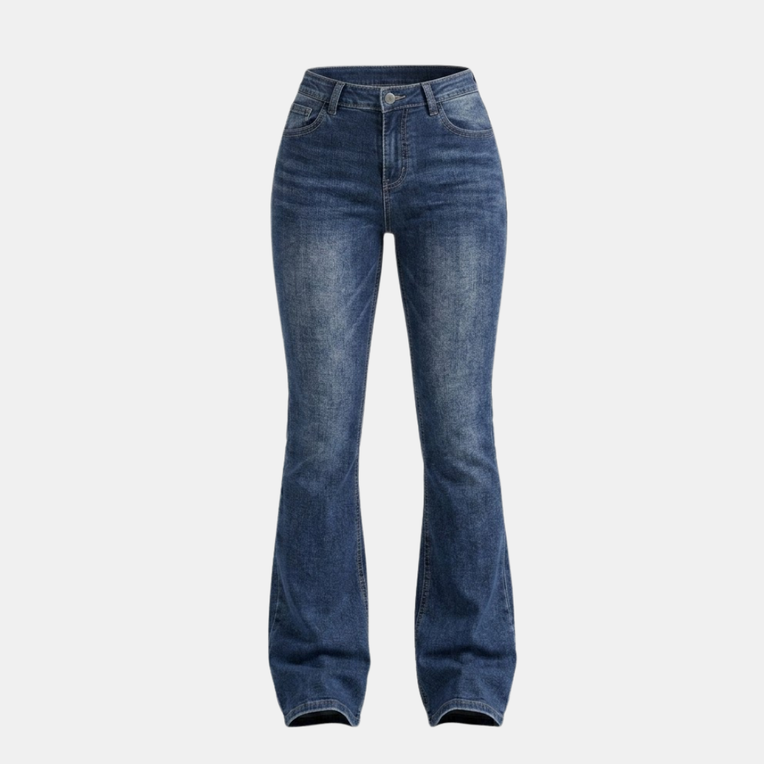 Women's mid-waist stretch flared jeans with slim flare design, denim pants from My Store, shown on a model.