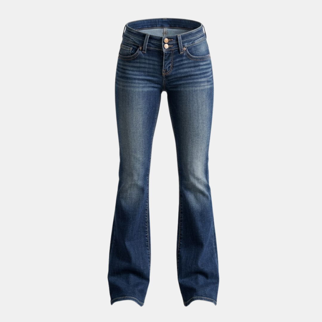 Women's mid-waist slim-fit flared stretch jeans from My Store, showing the stylish flared design and fitted waist.