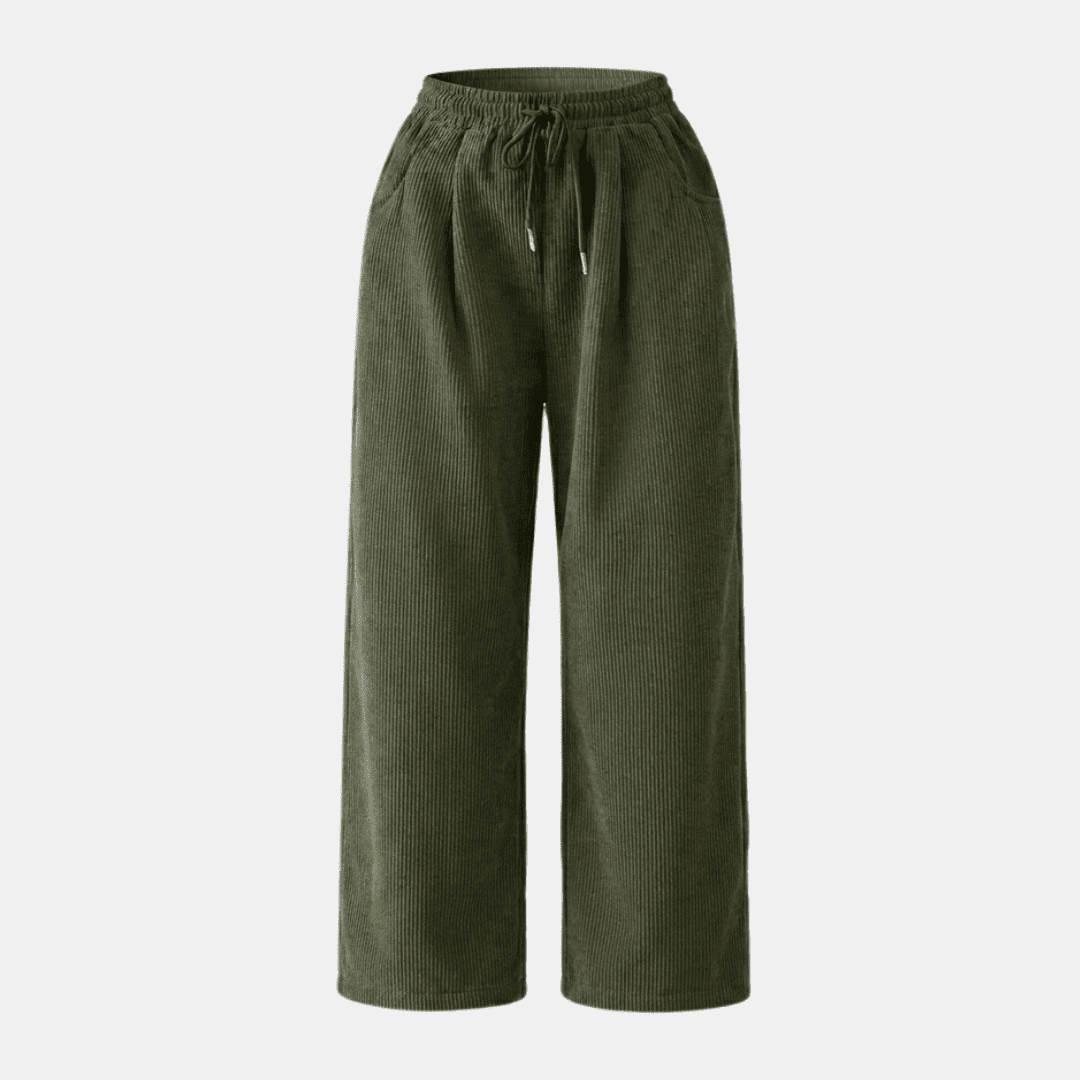 Women’s corduroy relaxed wide-leg trousers by Tammy Bradley, shown in a casual fit with a high waist and wide leg design.