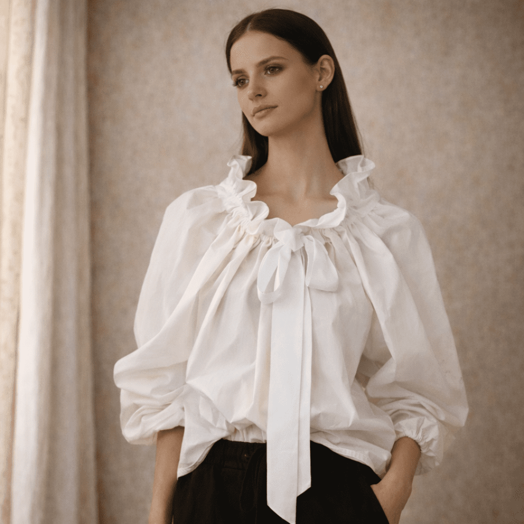 Women’s gingham ruffle oversized long-sleeve blouse by Tammy Bradley, featuring a relaxed fit and ruffled collar detail.