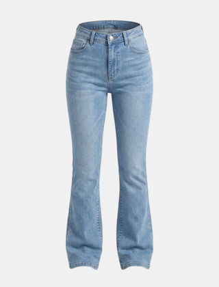 Women's high waist slim fit bootcut jeans made of cotton denim, shown in a natural standing pose.